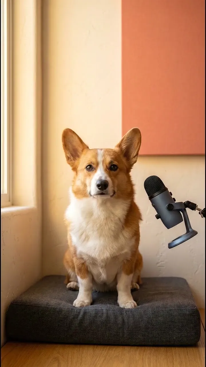 Talking animal: a corgi speaks next to a podcast microphone