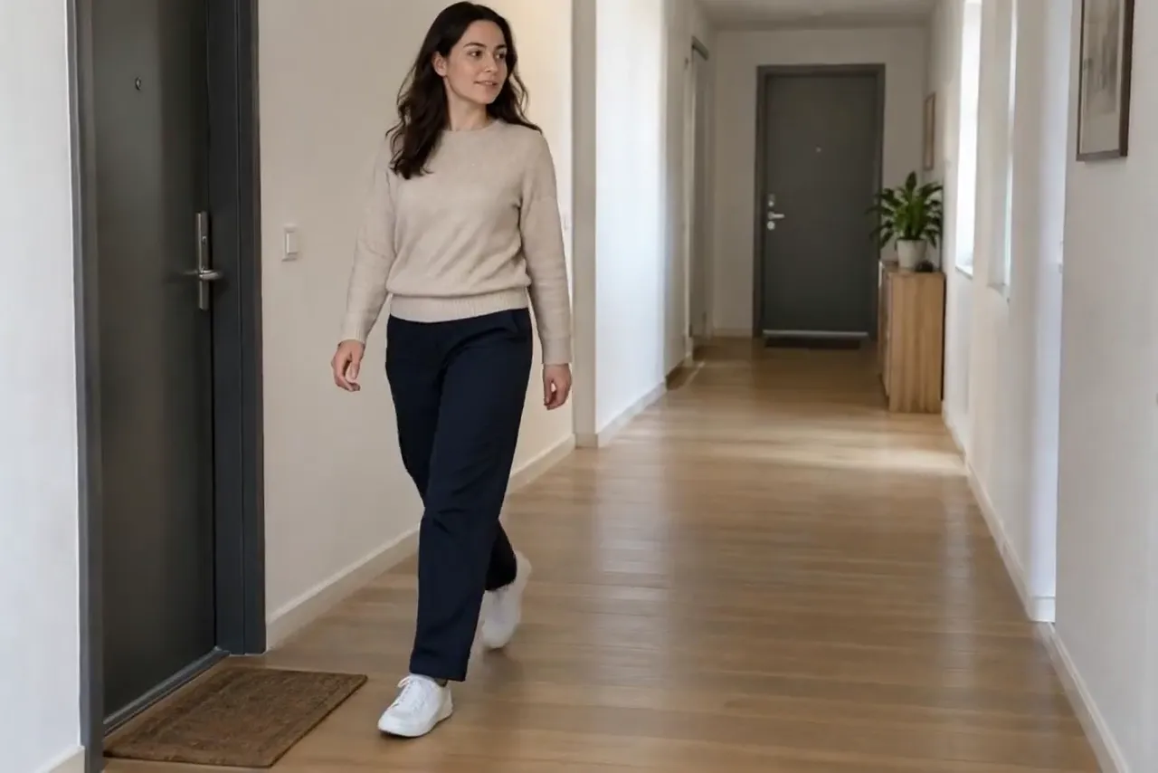 Original clip: a woman walks down a bright hallway toward the camera