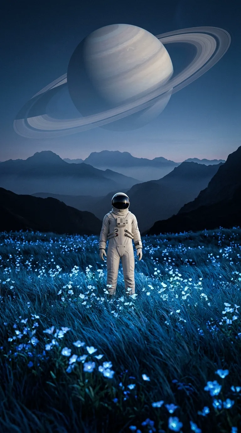 Source still: astronaut in a blue flower meadow