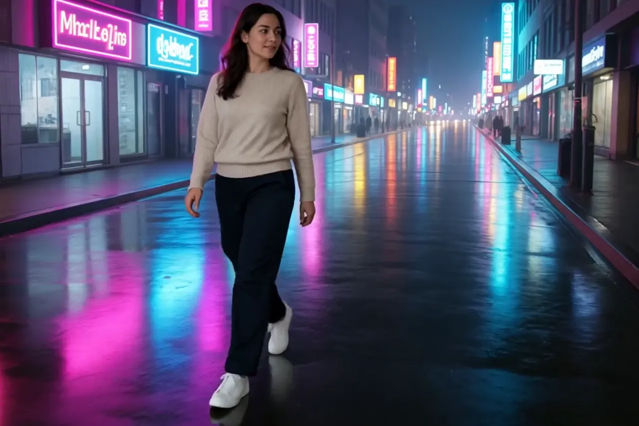 Aisma result: the same walk now happens on a rain-soaked neon street at night